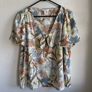 LC Lauren Conrad Floral Blouse with Bow Detail